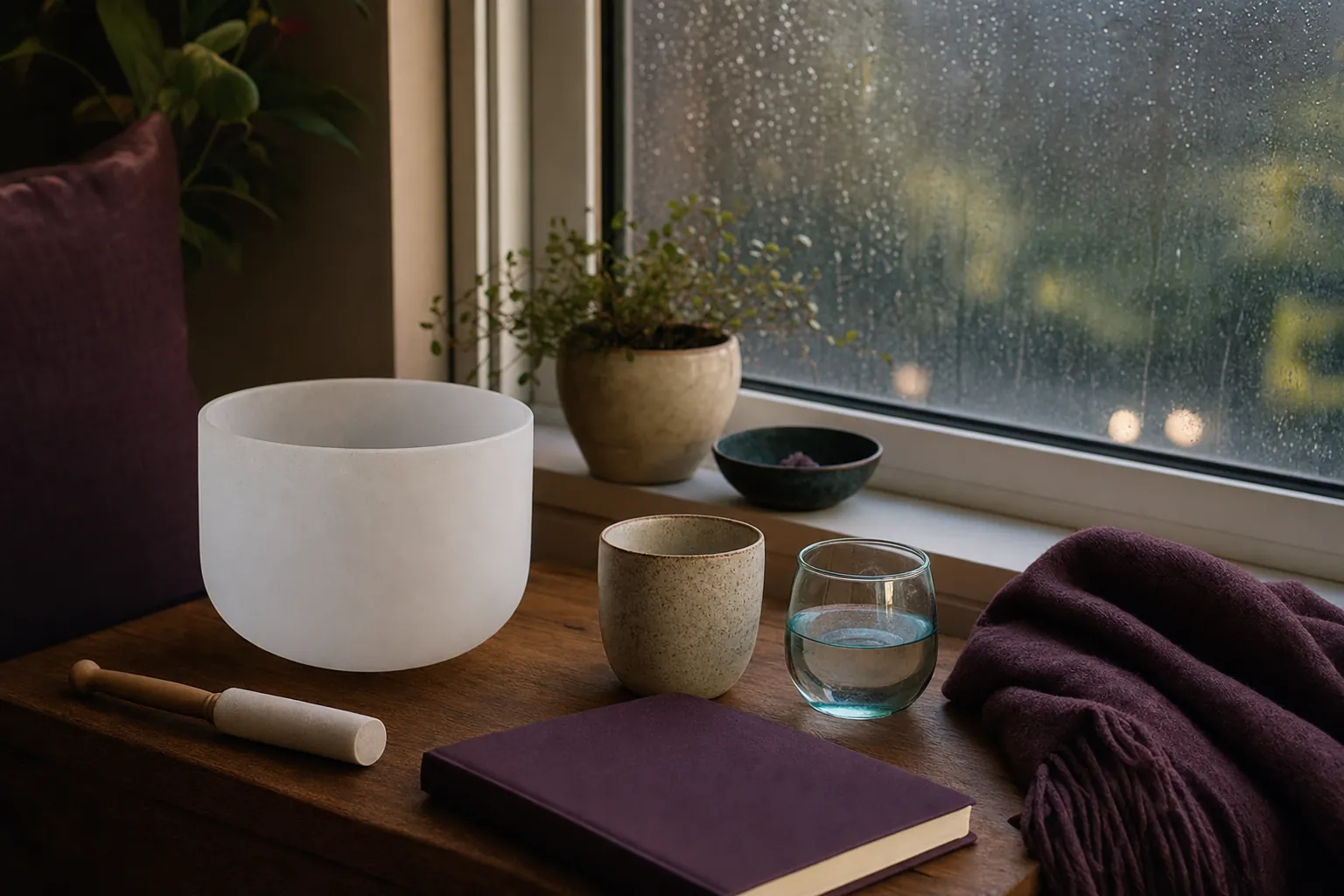 Crystal singing bowl, tea, water, journal, and folded blanket by a rain-speckled window after a home sound bath