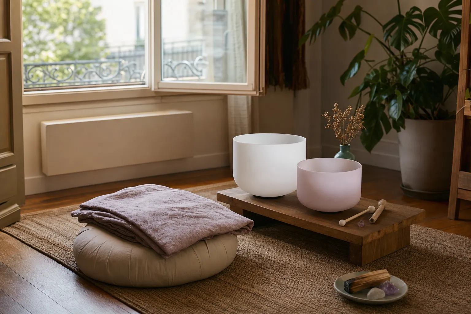 Crystal singing bowls, a floor cushion, and folded blanket arranged for a home sound bath