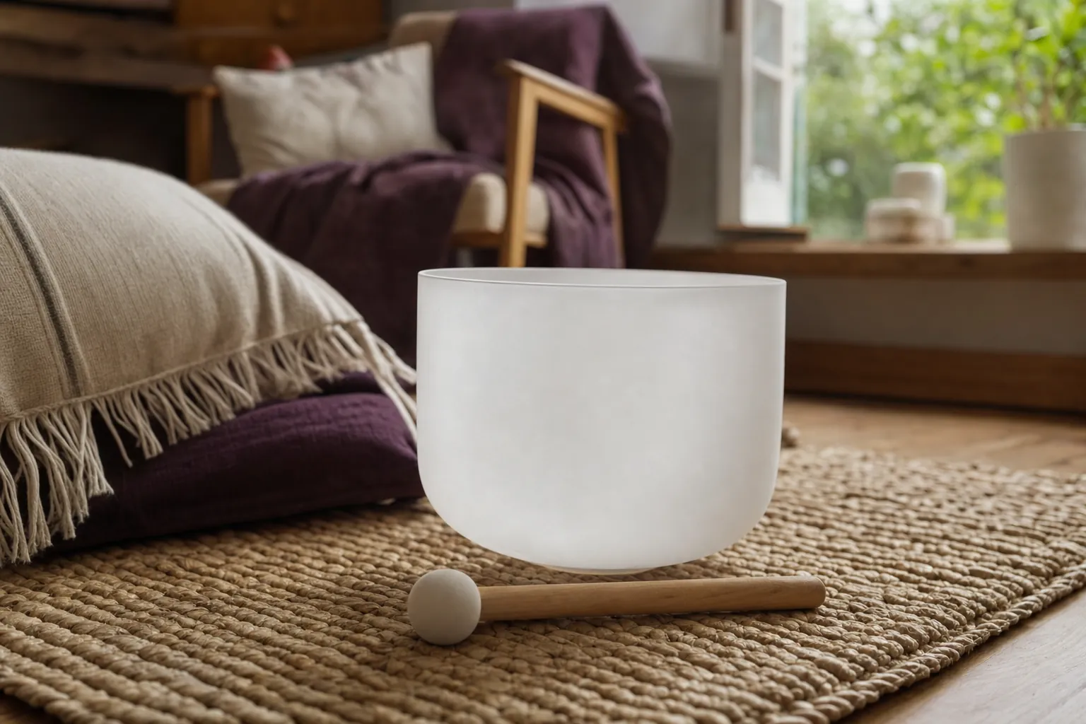 Crystal singing bowl and wooden mallet resting on a woven mat in a quiet home listening space