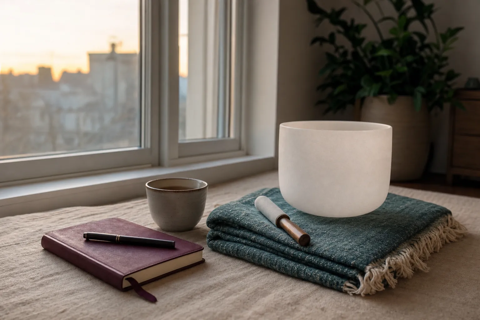 Crystal singing bowl, journal, tea, and folded blanket arranged for a quiet home sound practice