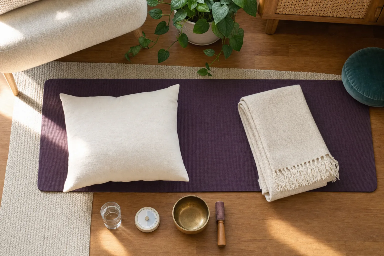 Yoga mat, pillow, blanket, water, timer, singing bowl, and mallet arranged for a home sound bath