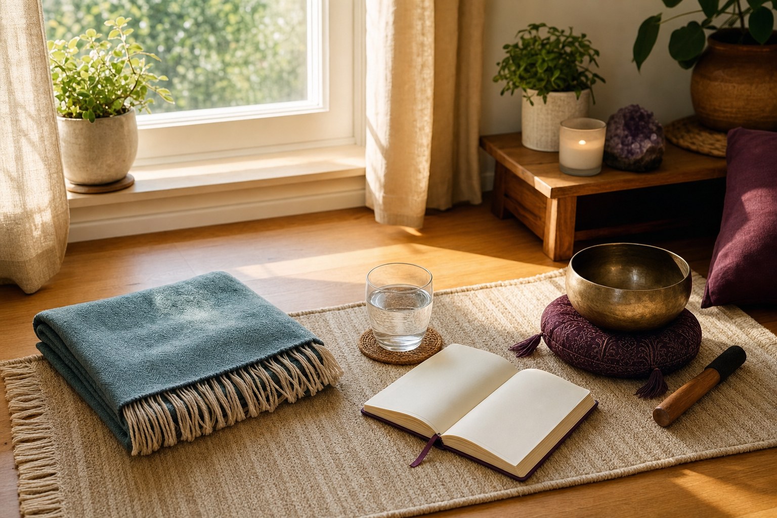 Folded blanket, water, blank journal, singing bowl, and cushion by a sunlit window after sound meditation