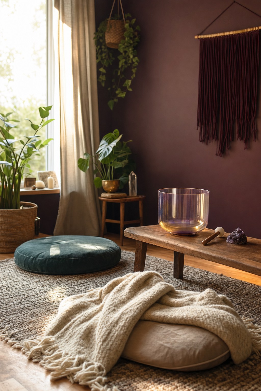 Crystal singing bowl, cushion, blanket, and meditation space in a sunlit room