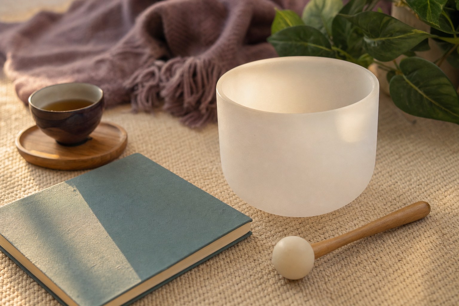 Crystal singing bowl, mallet, tea, and closed journal arranged on a woven mat for sound meditation