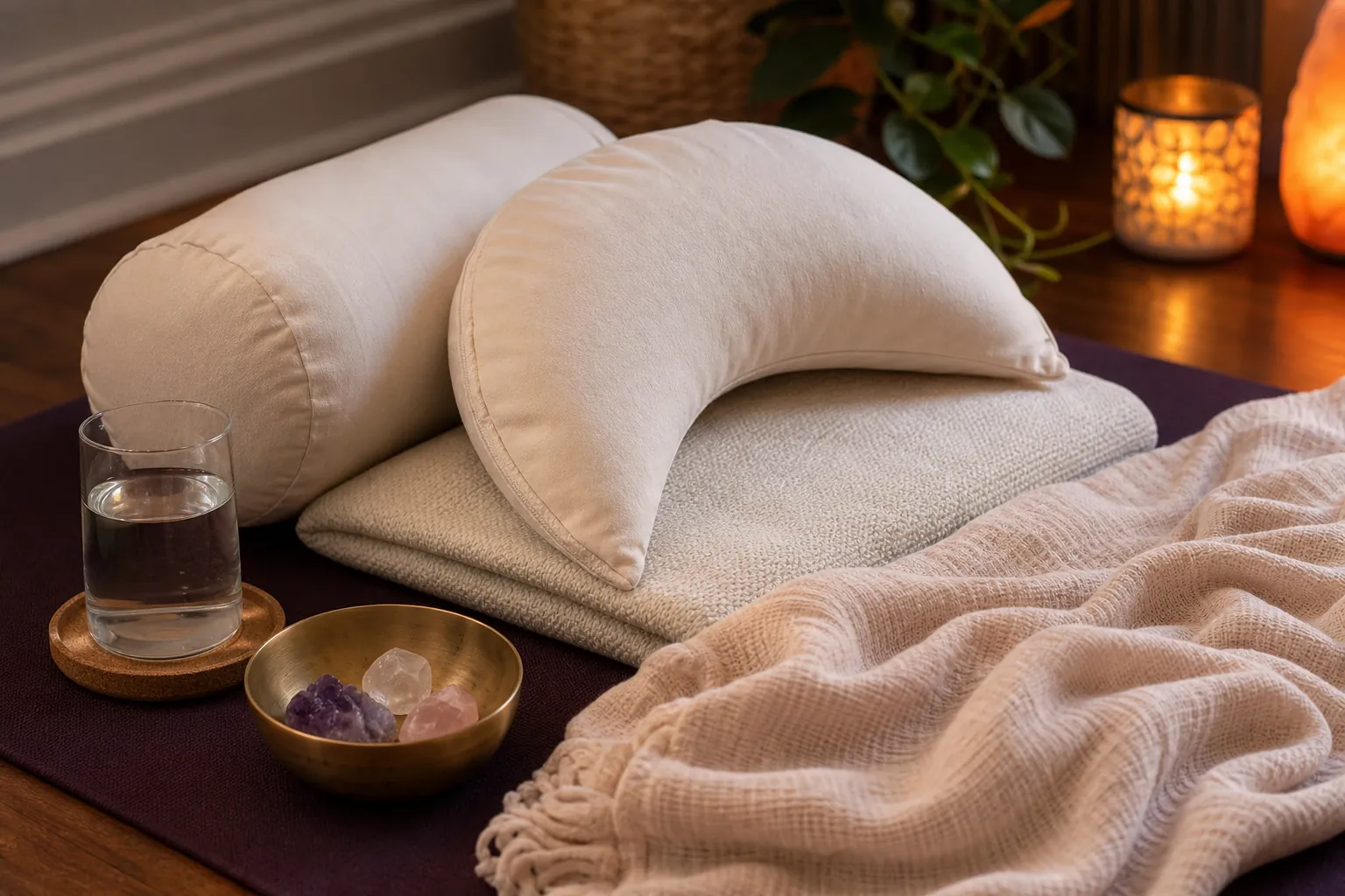 Bolsters, blanket, water, and a bowl arranged for a comfortable sound bath setup