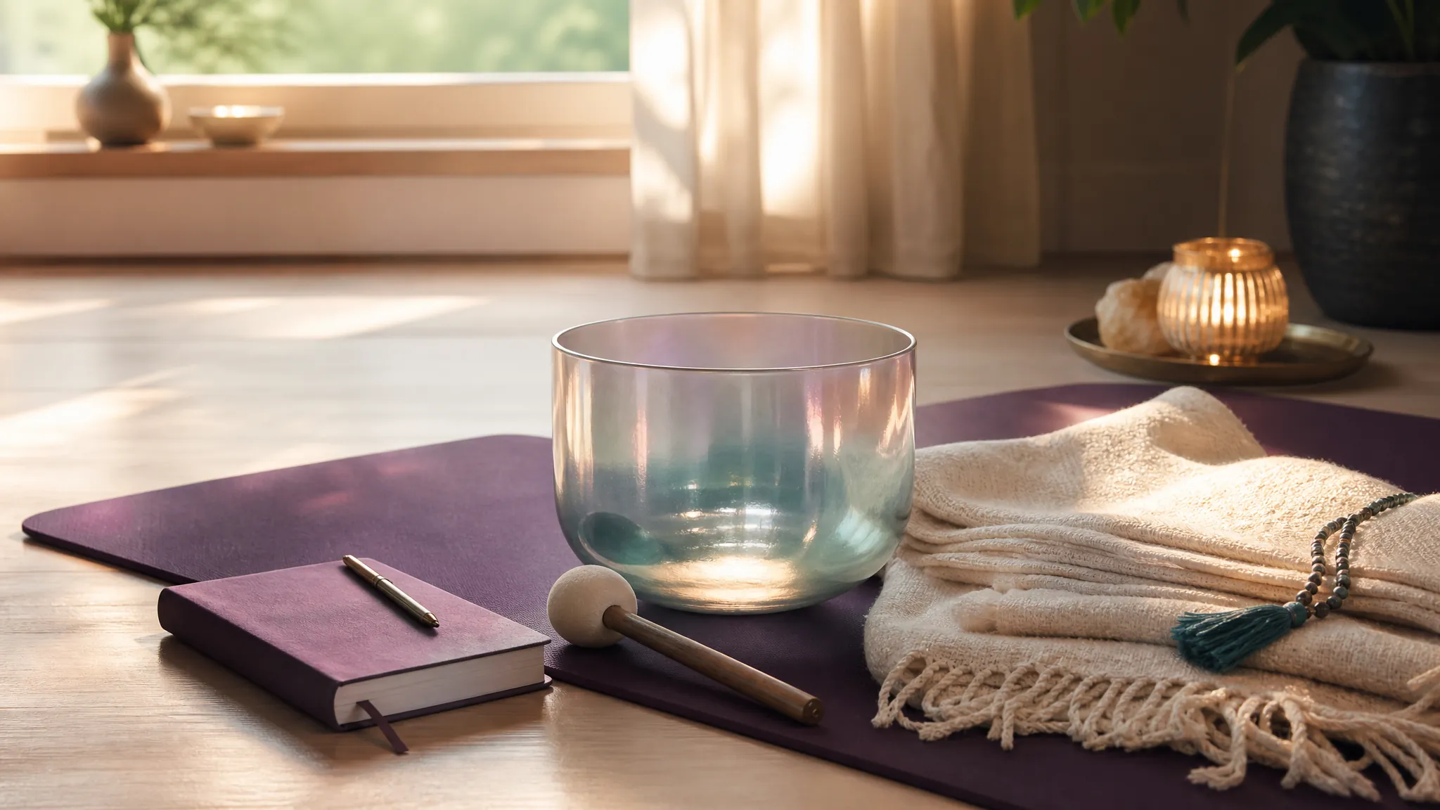 Crystal singing bowl, blanket, journal, and mat arranged for a gentle sound bath