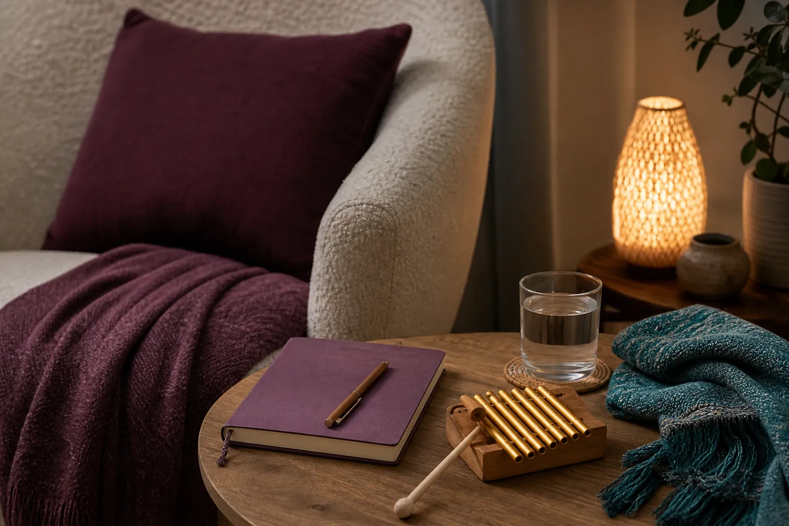 Journal, water, chimes, blanket, and a chair arranged for a gentle at-home sound practice