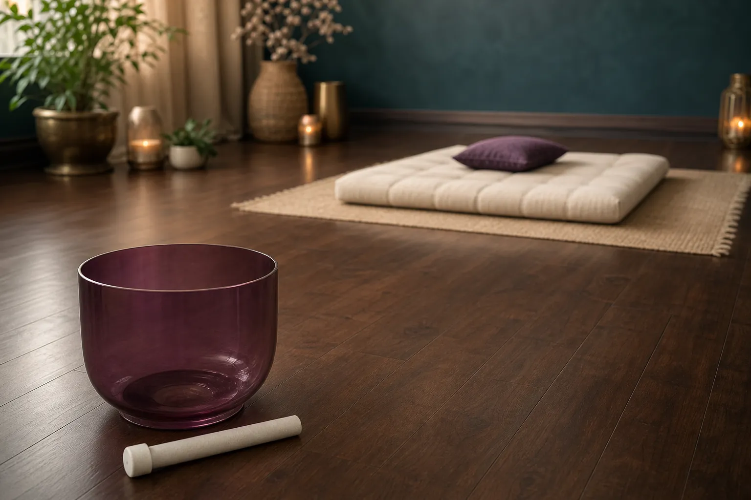 Crystal singing bowl placed at a distance from a cushioned mat in a calm studio space