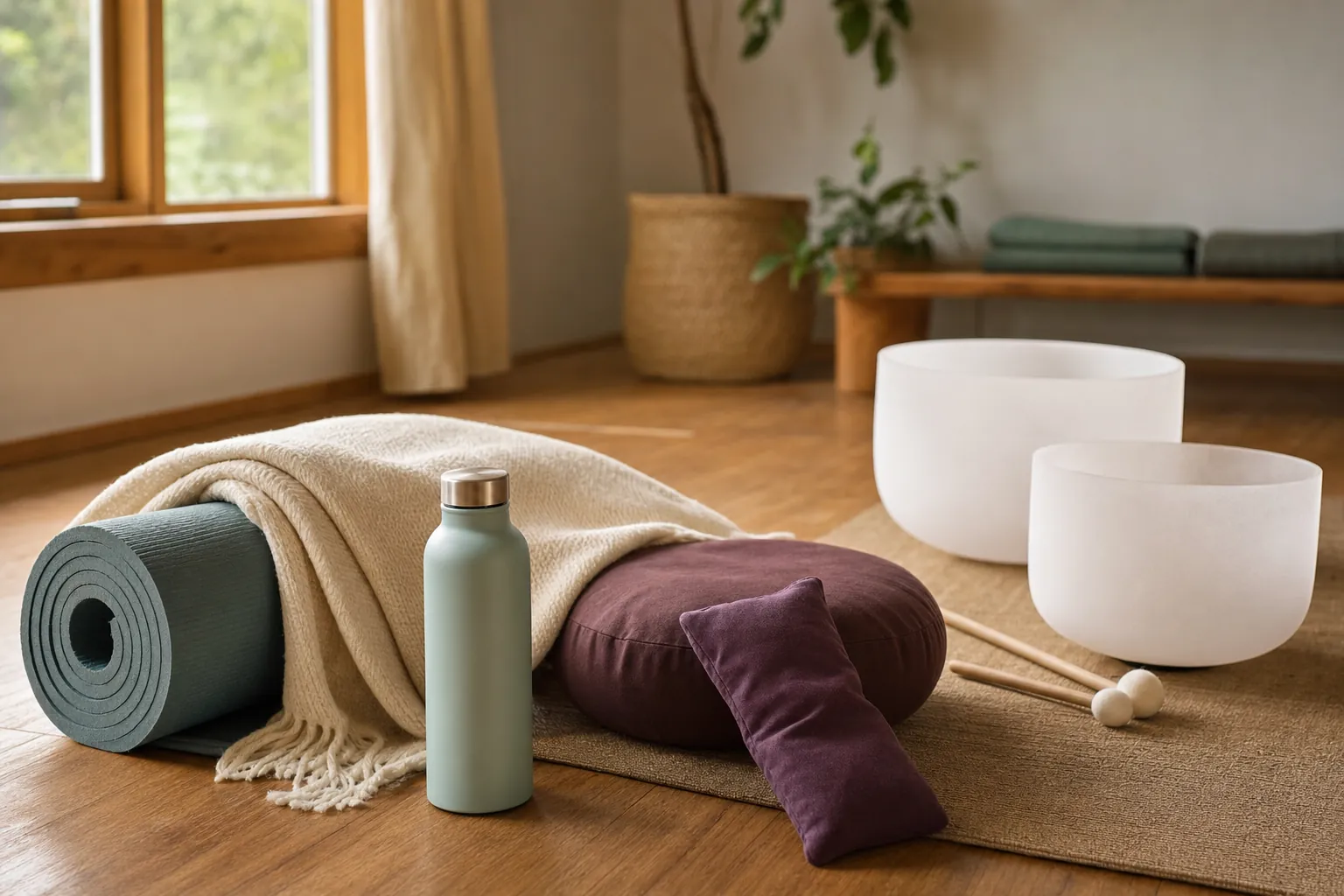 Yoga mat, blanket, water bottle, cushion, and crystal singing bowls prepared for a sound bath