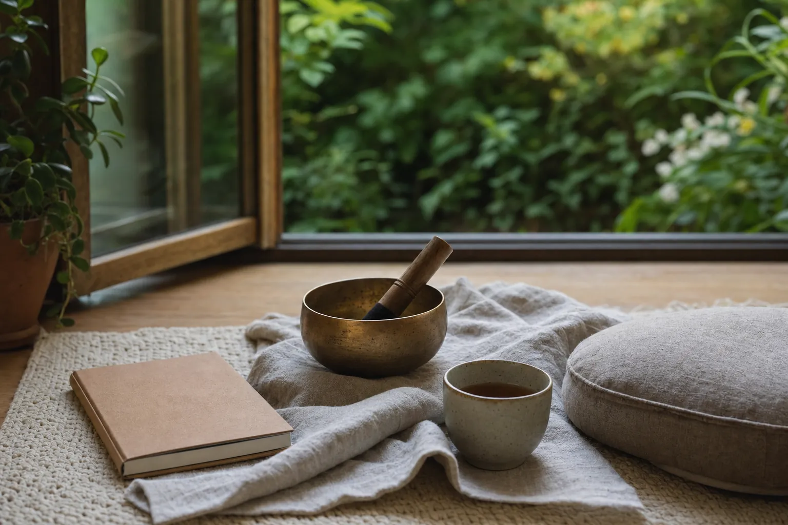 Singing bowl, tea, closed journal, and cushion beside an open window after a home practice