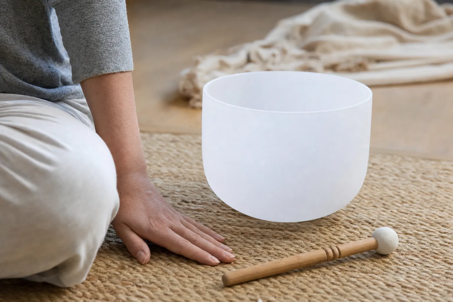 Relaxed hand resting beside a crystal singing bowl and mallet on a woven mat