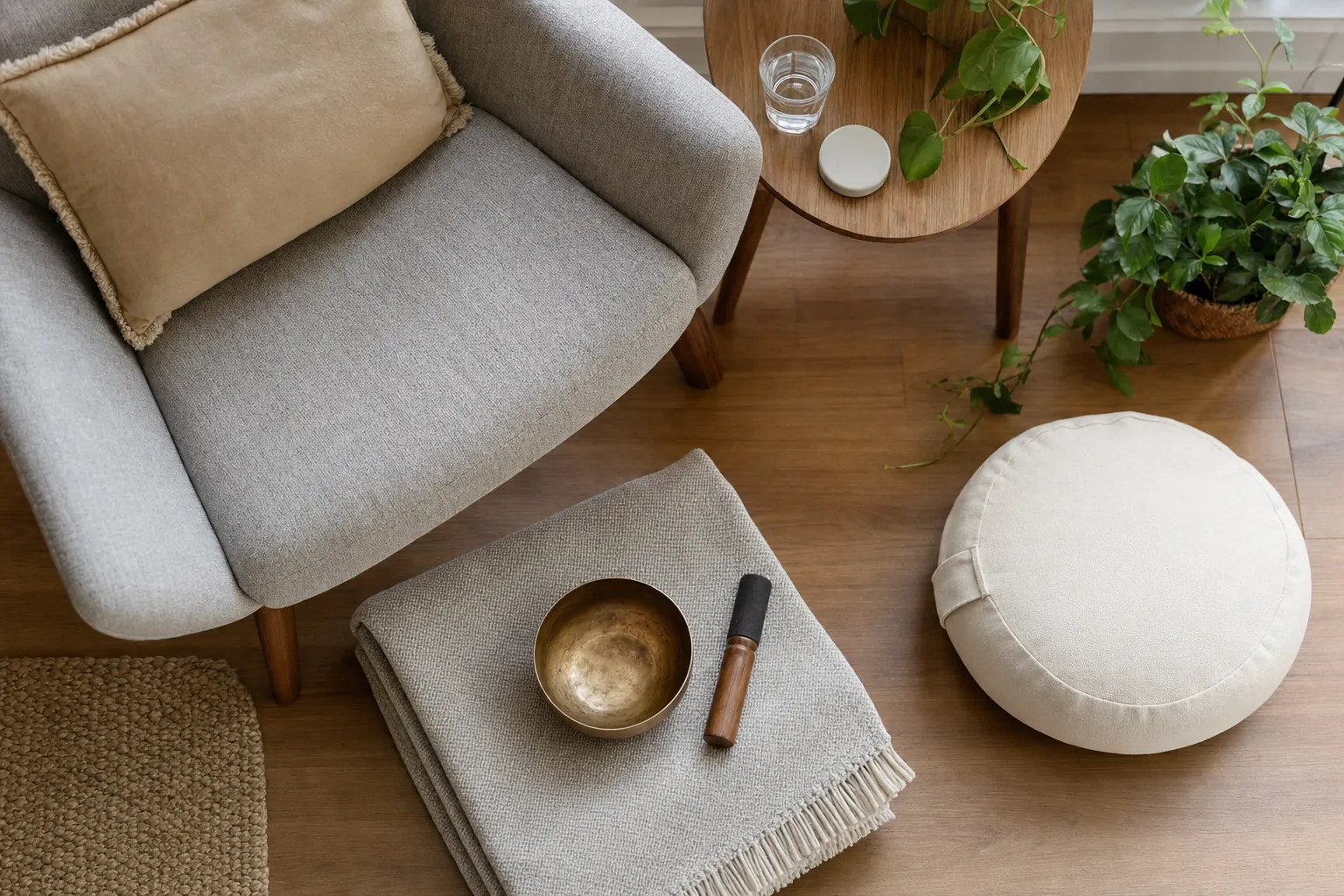 Supportive chair, water, cushion, singing bowl, and folded blanket prepared for a home meditation