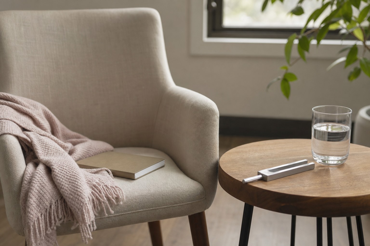 Comfortable chair, blanket, journal, water, and tuning fork arranged in a quiet studio