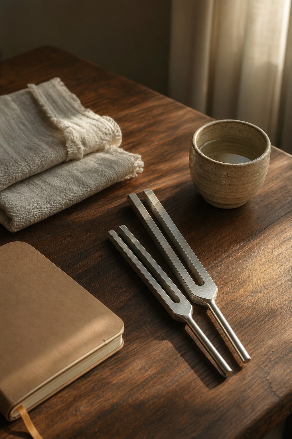 Metal tuning forks, a cup of water, folded linen, and a journal on a walnut table