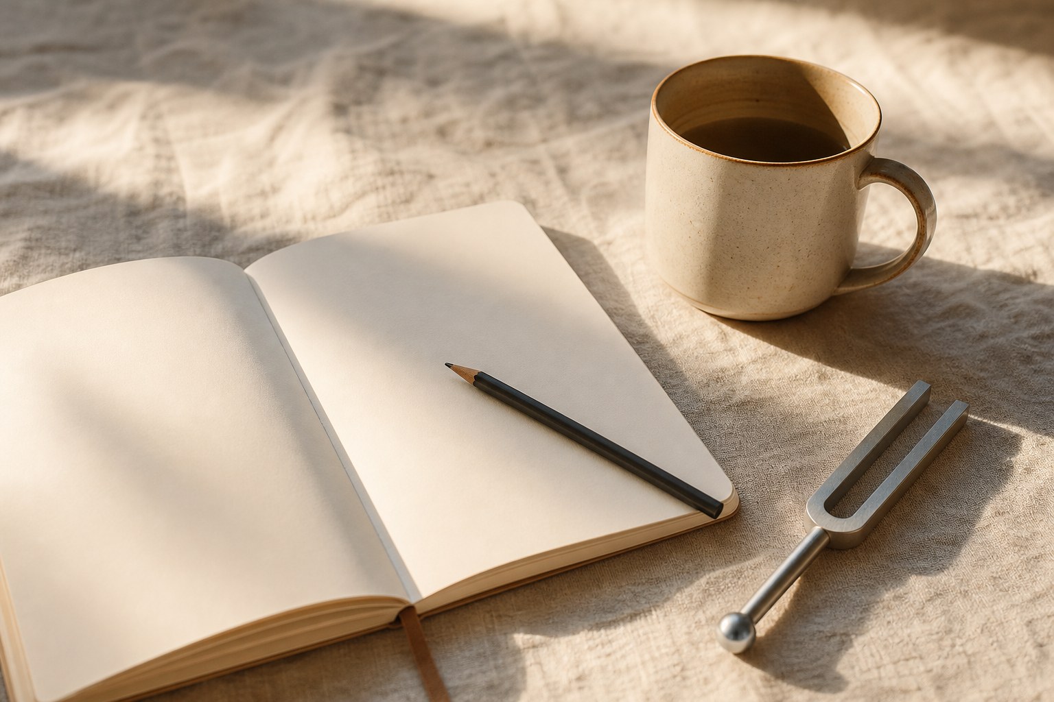 Open journal, pencil, warm mug, and tuning fork on softly lit natural linen