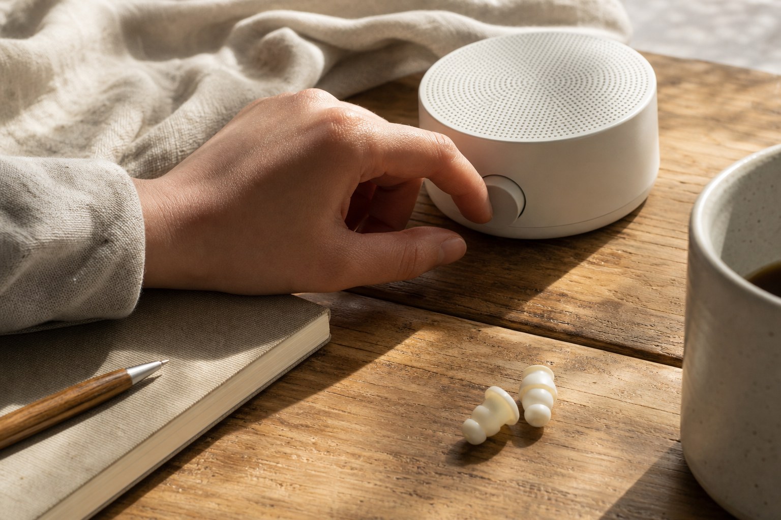 Hand lowering the volume on a small speaker beside earplugs, a notebook, and a warm drink
