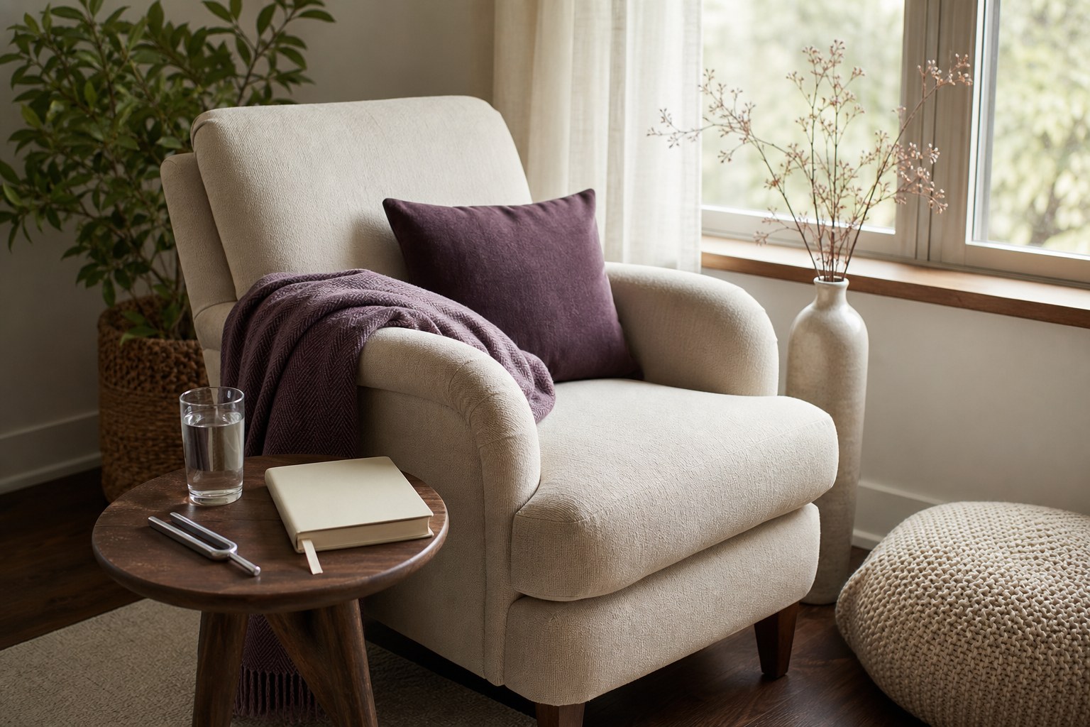Quiet chair with a folded blanket, water, journal, and tuning fork prepared for a gentle pause