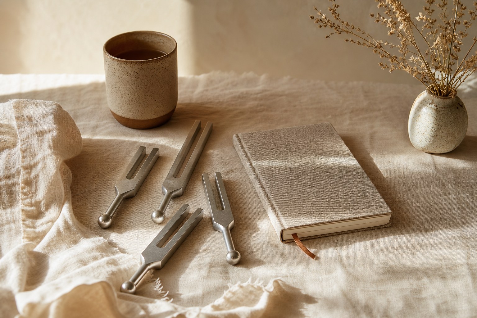 Metal tuning forks, a ceramic cup, and a journal arranged on cream linen in warm light