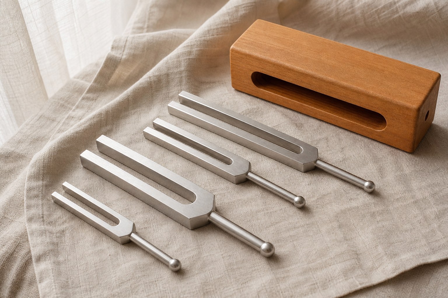 Unbranded metal tuning forks and a wooden resonator arranged on natural linen