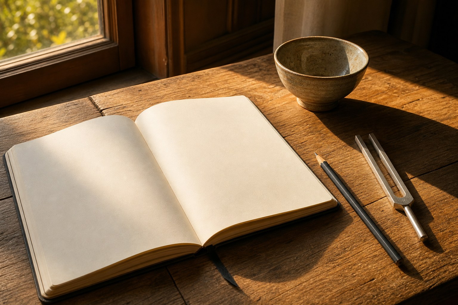 Open blank journal, pencil, bowl, and tuning fork in warm sunlight on a wooden table