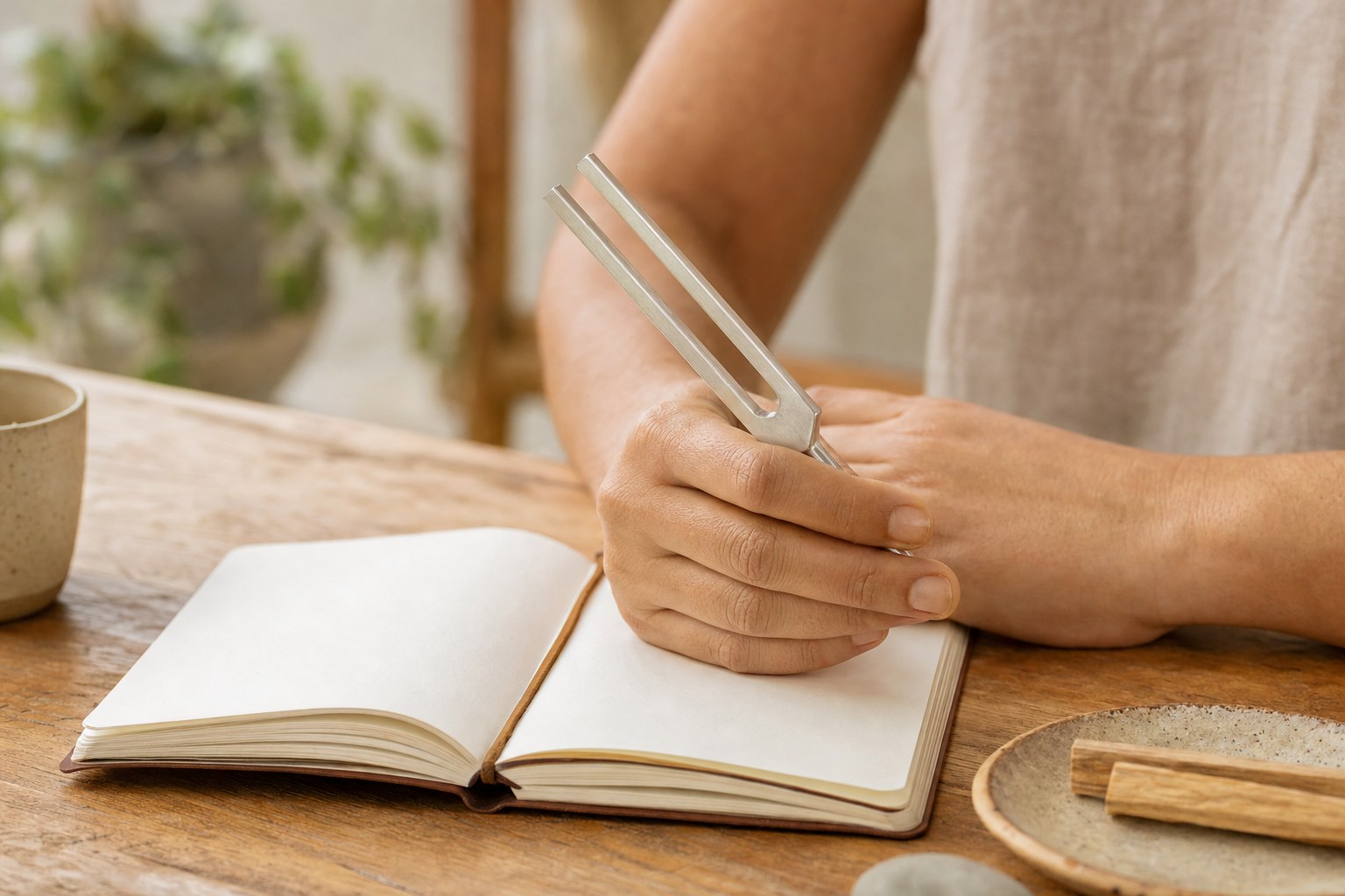 Relaxed hands holding a tuning fork above an open journal in warm natural light