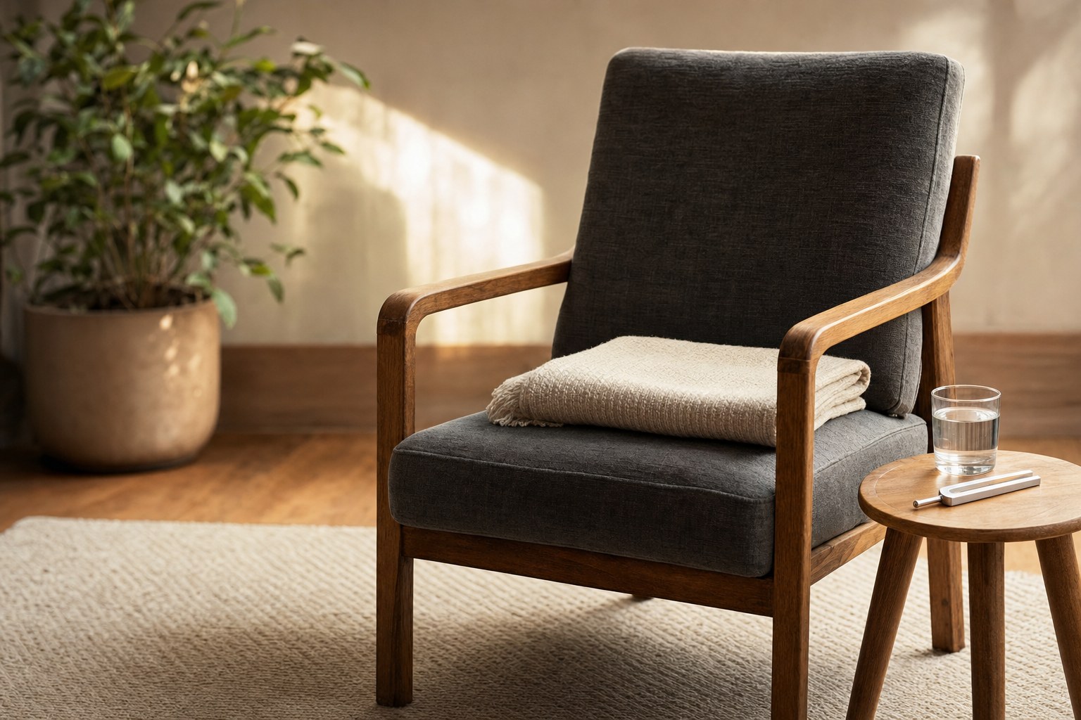 Supportive chair with a folded blanket, water, and tuning fork in a calm private studio
