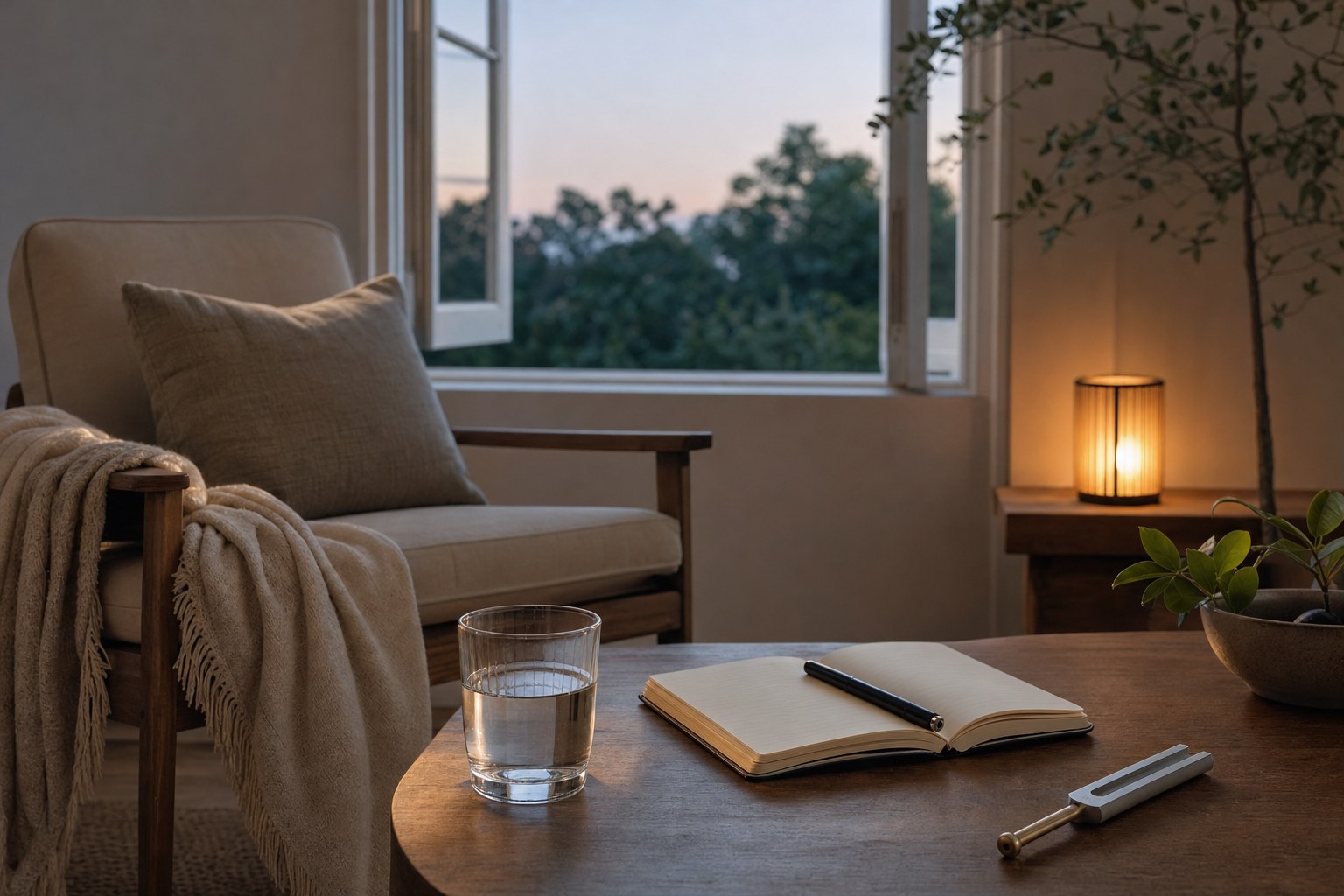 Open window, comfortable chair, journal, water, and tuning fork after a quiet personal pause