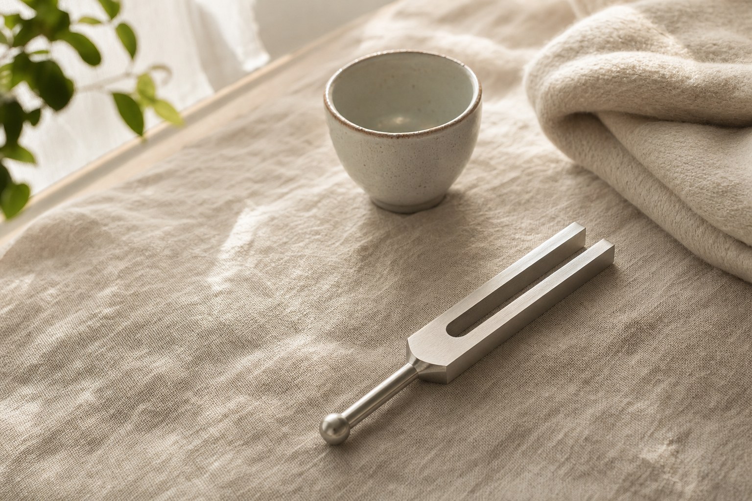Metal tuning fork resting on natural linen beside a ceramic cup and folded blanket