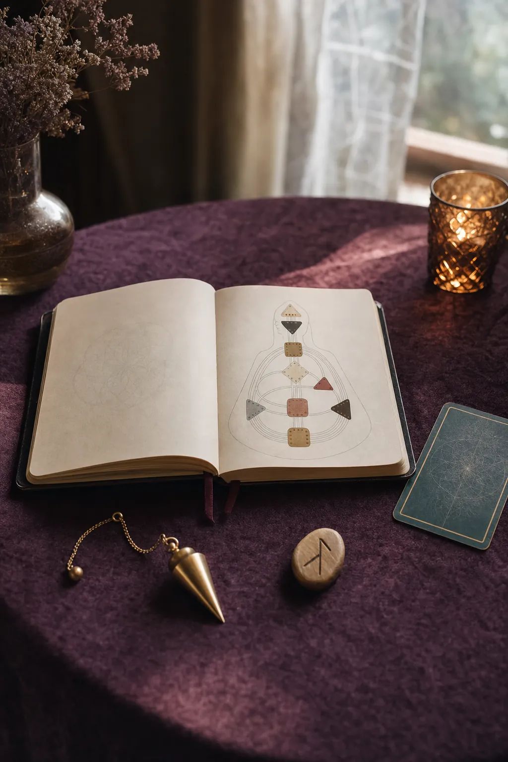 Human Design chart journal with a pendulum and a rune stone prepared for a private reading