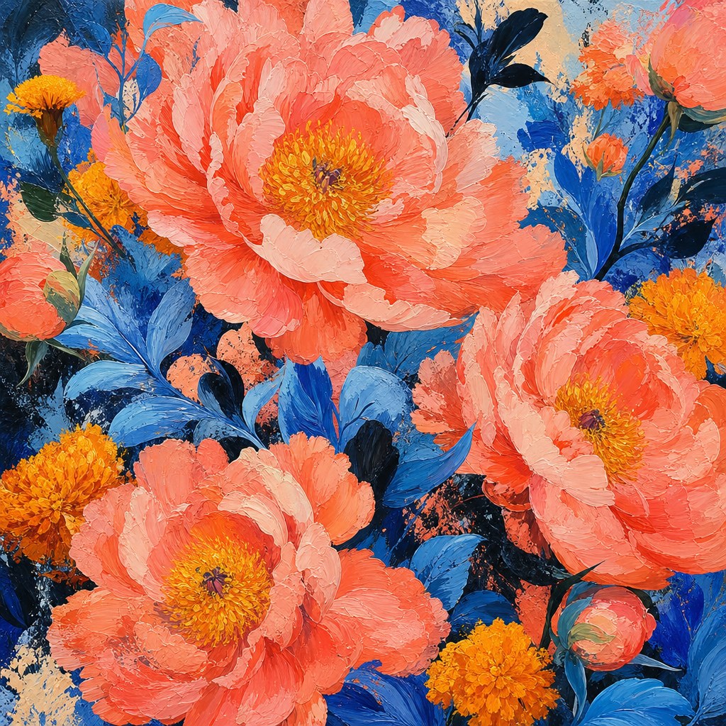 Vivid coral peonies and blue foliage painting