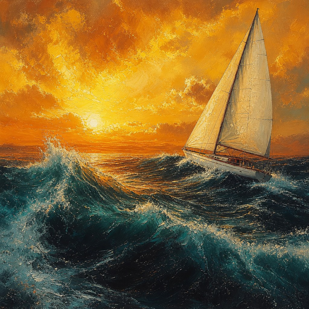 White sailboat crossing a golden ocean