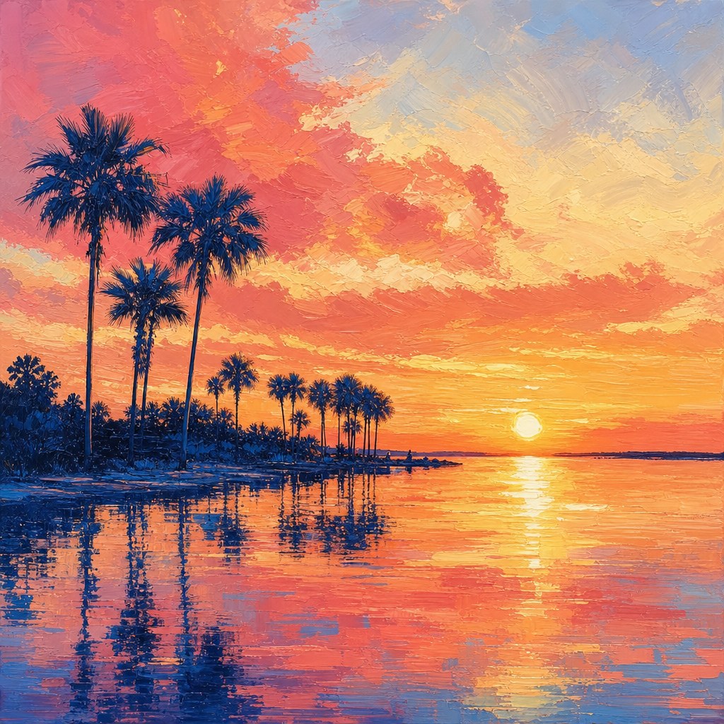 Sunset over a palm-lined Florida bay