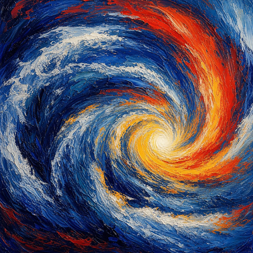 Expressive cobalt and coral ocean vortex painting