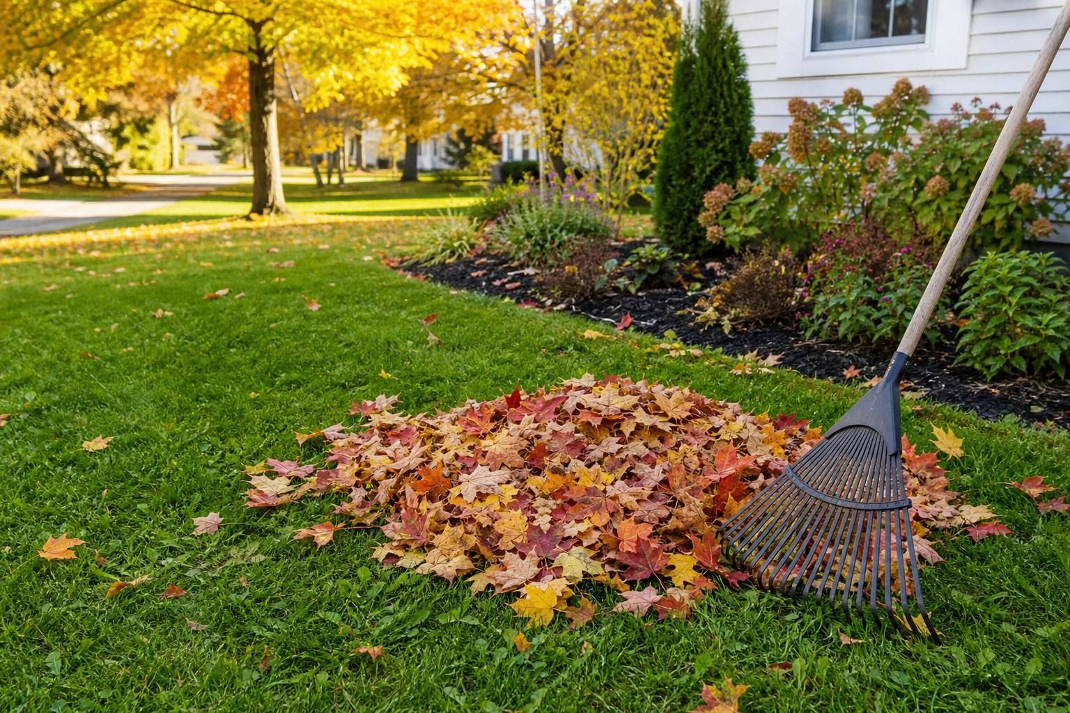 Rake and colorful fall leaves on a residential lawn