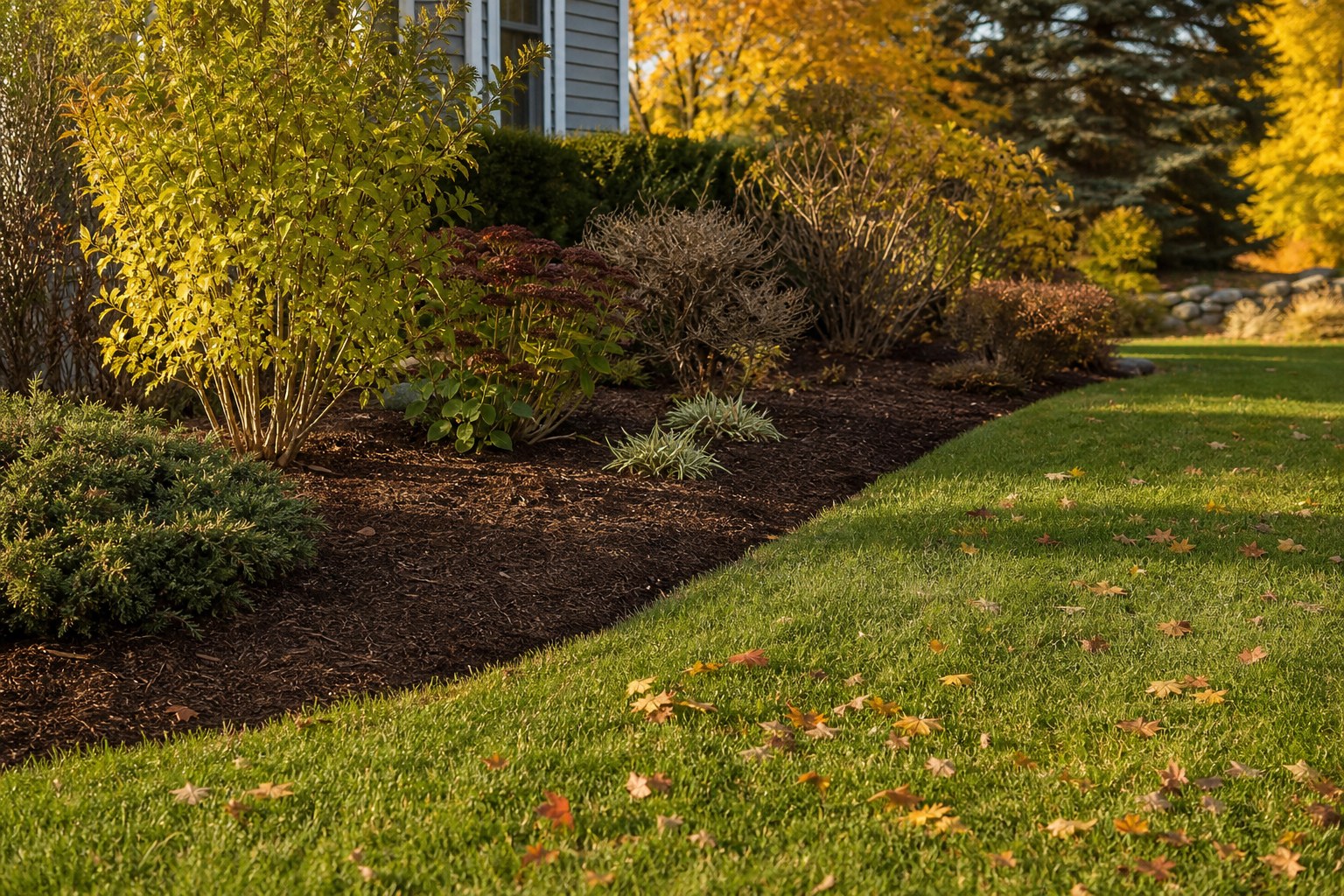 Freshly mulched garden bed beside a lawn in fall