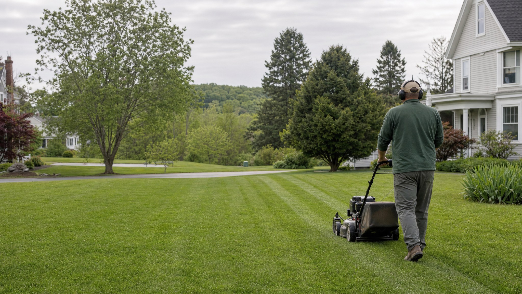 A lawn care worker mowing a residential lawn