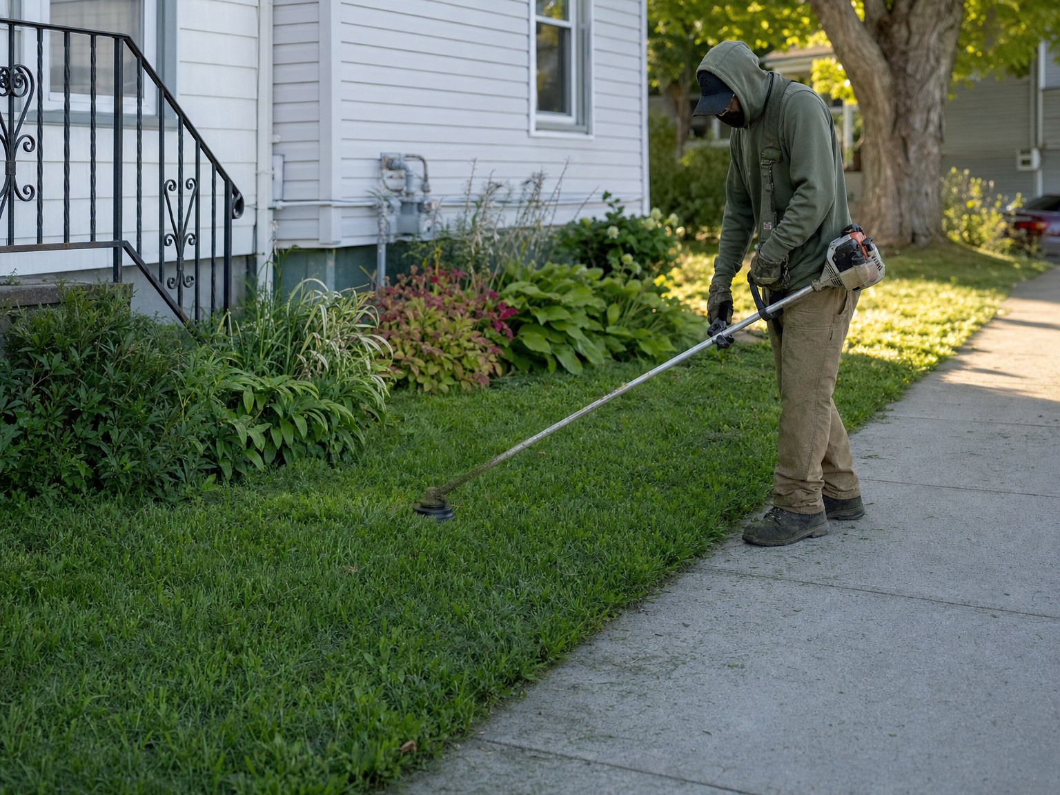 Worker trimming the edge of a residential lawn