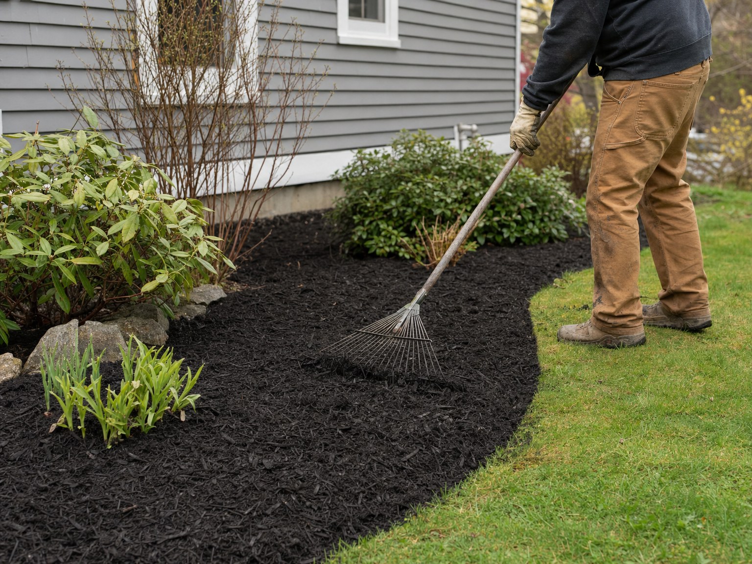 Fresh mulch being raked into a garden bed