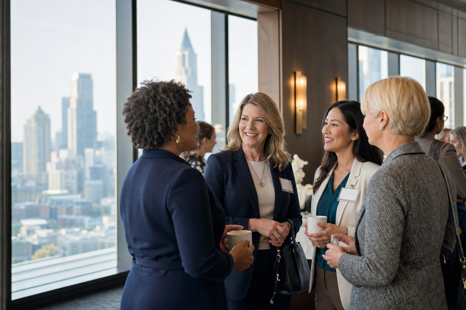 Women professionals in conversation at a networking reception