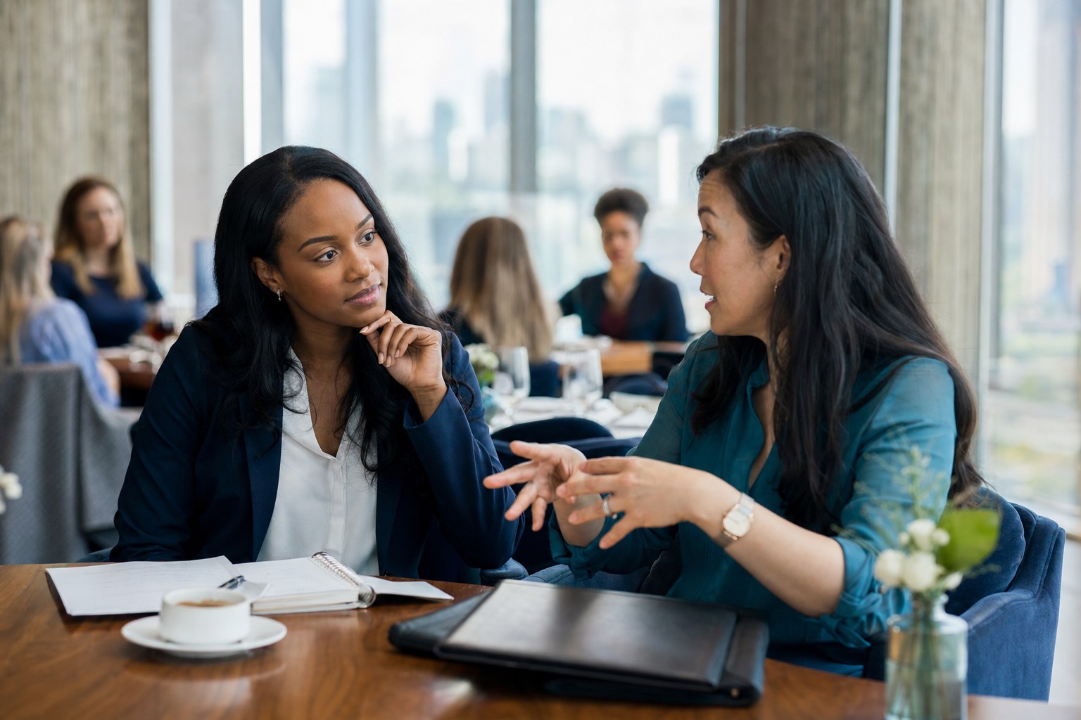 Two women sharing a mentoring conversation at a professional luncheon