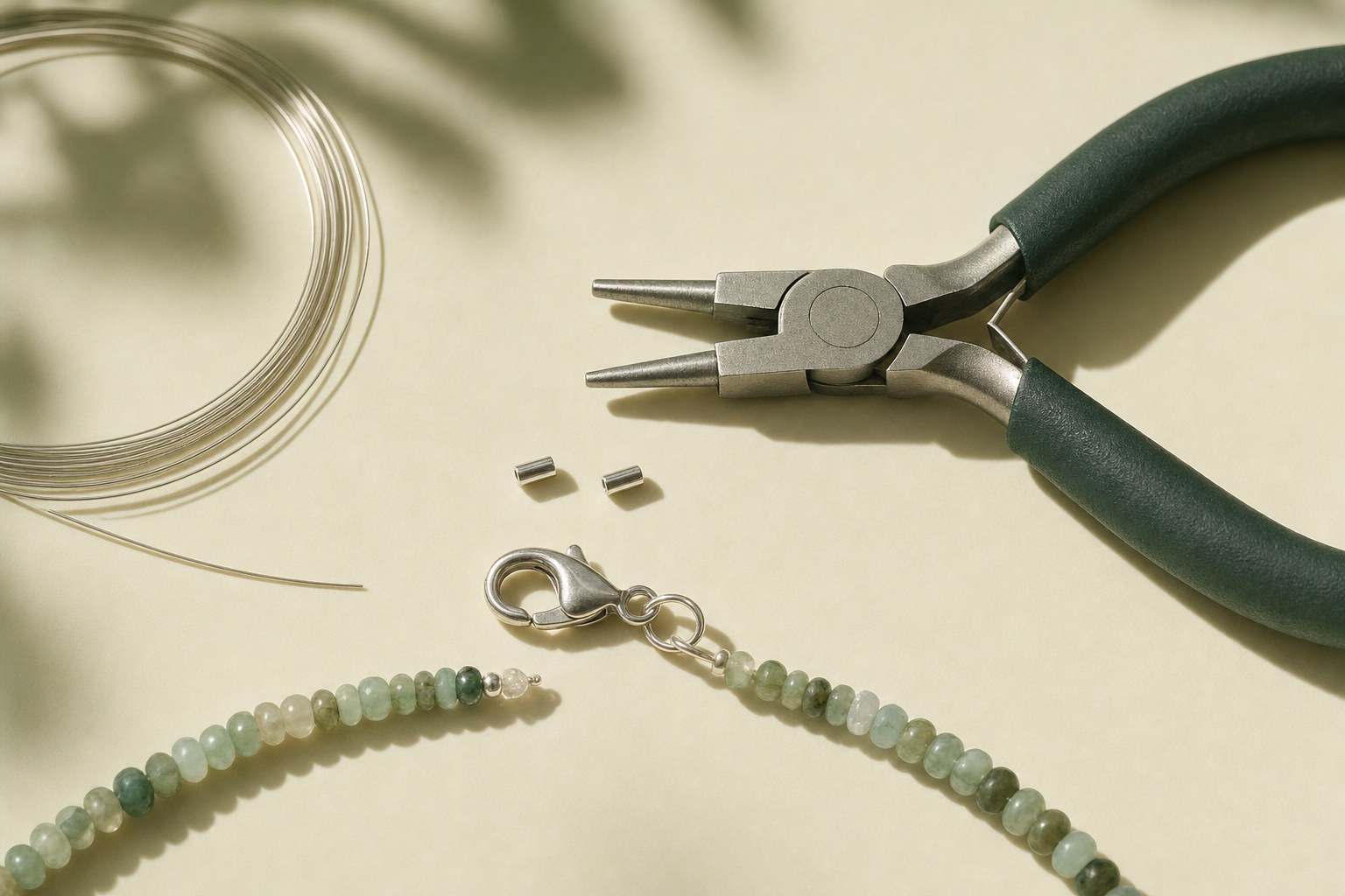 Flexible beading wire, crimp tubes, a clasp, and pliers laid out for a clasped necklace