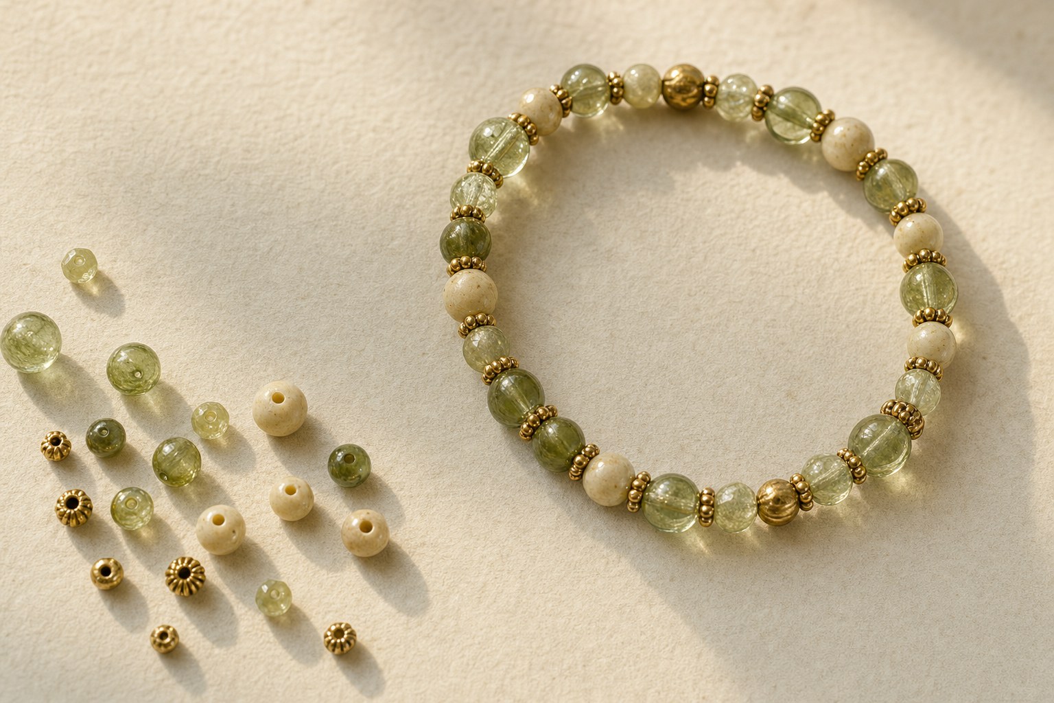Finished moss-green and cream glass-bead stretch bracelet with antique-gold accents