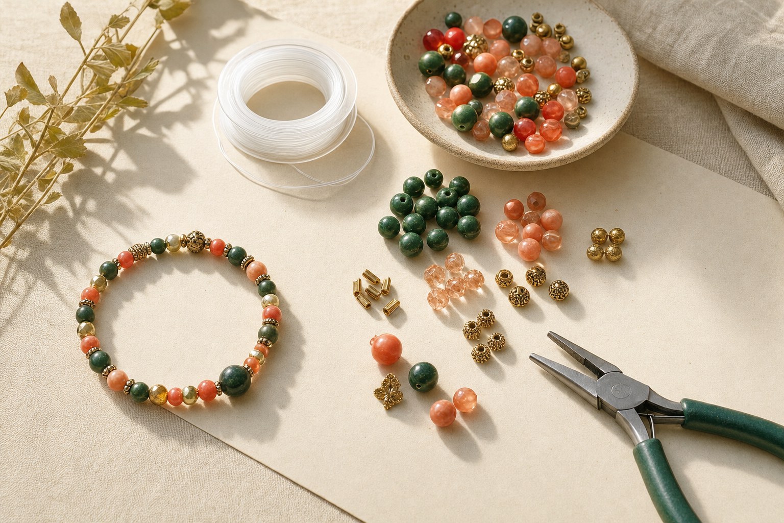 A warm ivory jewelry-making workspace with colorful glass beads, cord, pliers, and a finished bracelet