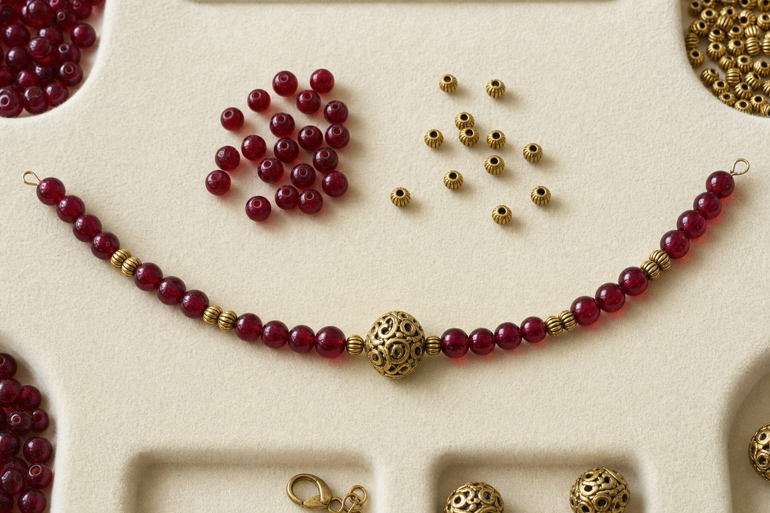Ruby glass bead bracelet pattern with antique-gold spacers and a central focal bead