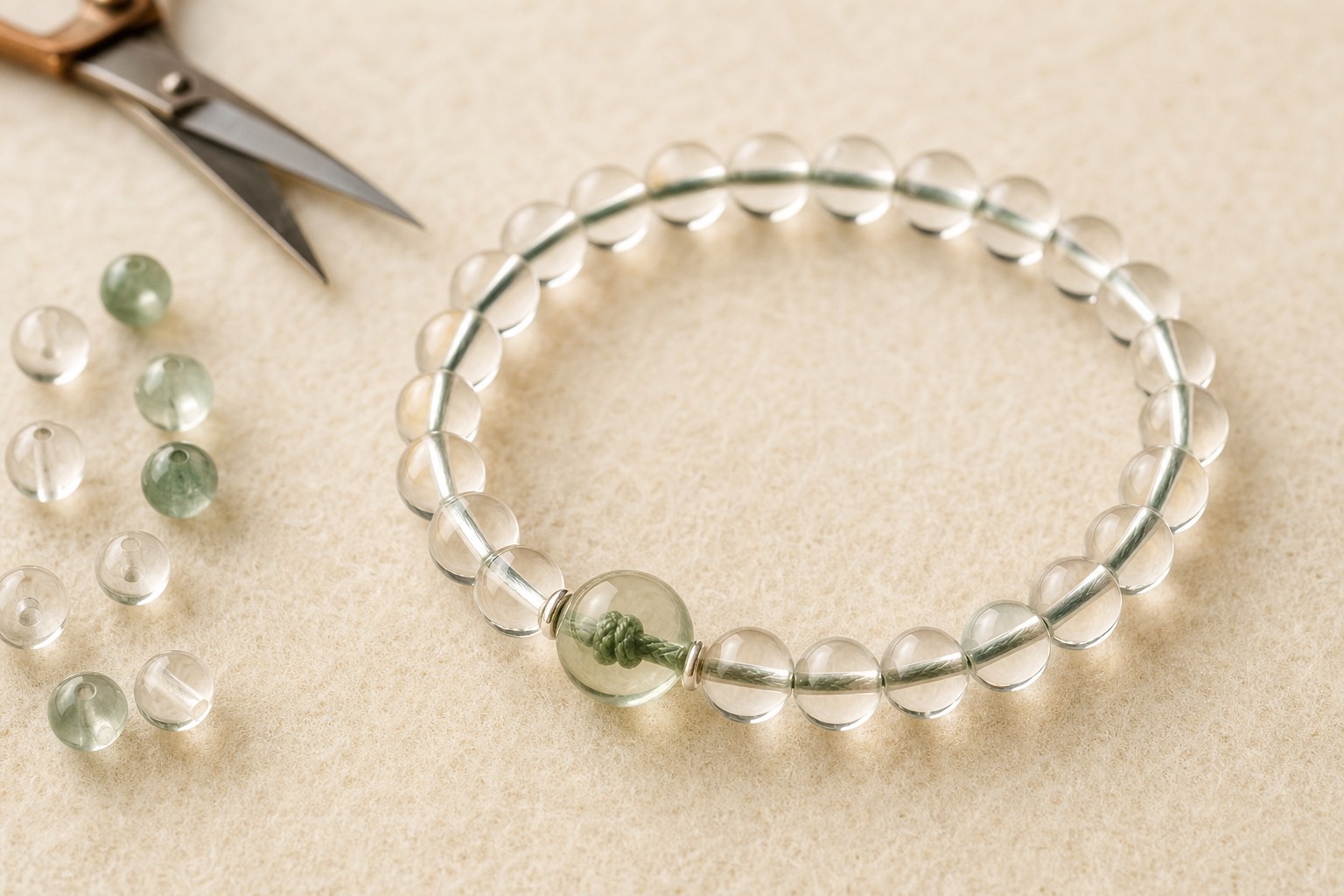Finished clear-bead stretch bracelet with a knot tucked inside a larger pale green bead