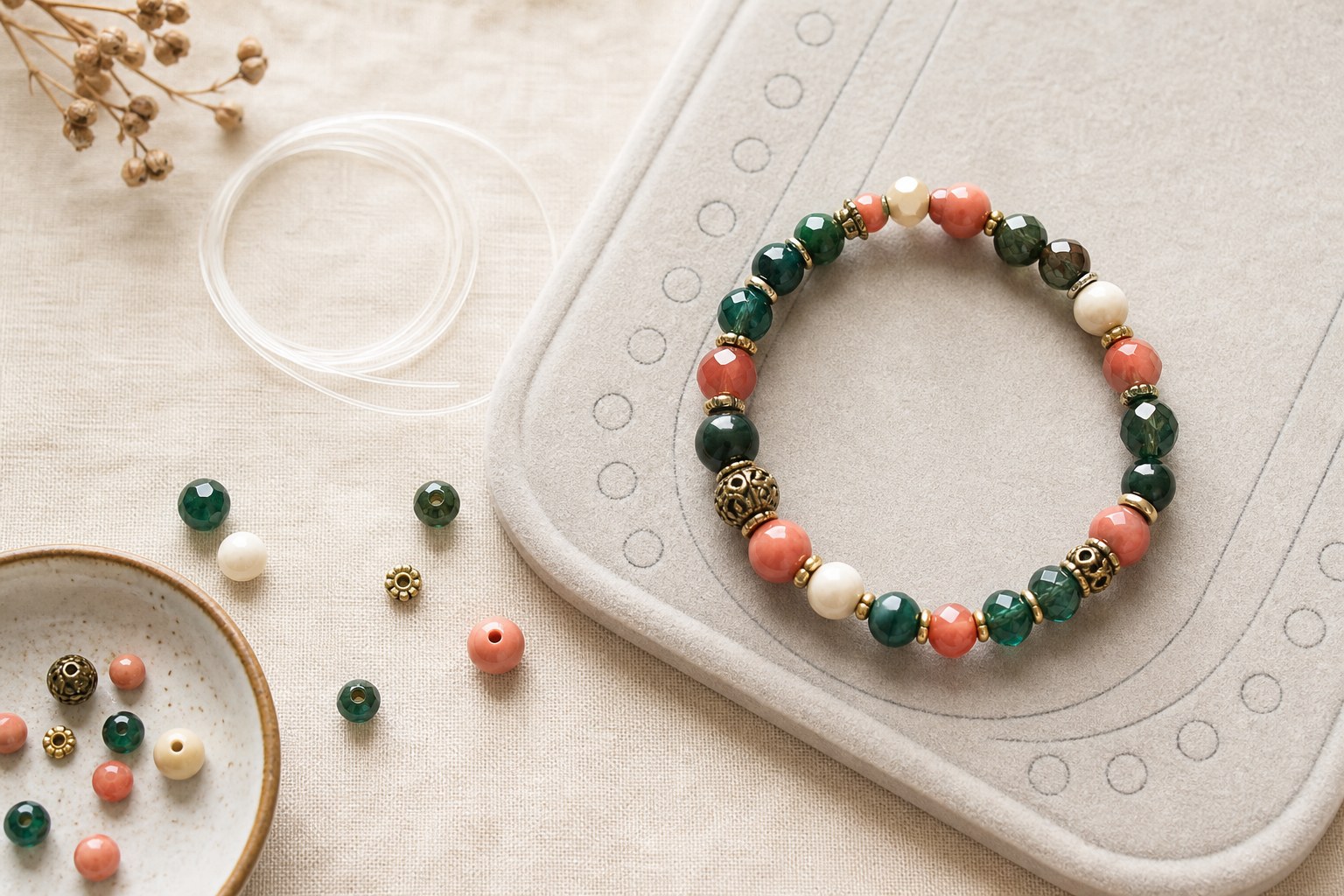 Handmade stretch bead bracelet on a warm ivory bead mat
