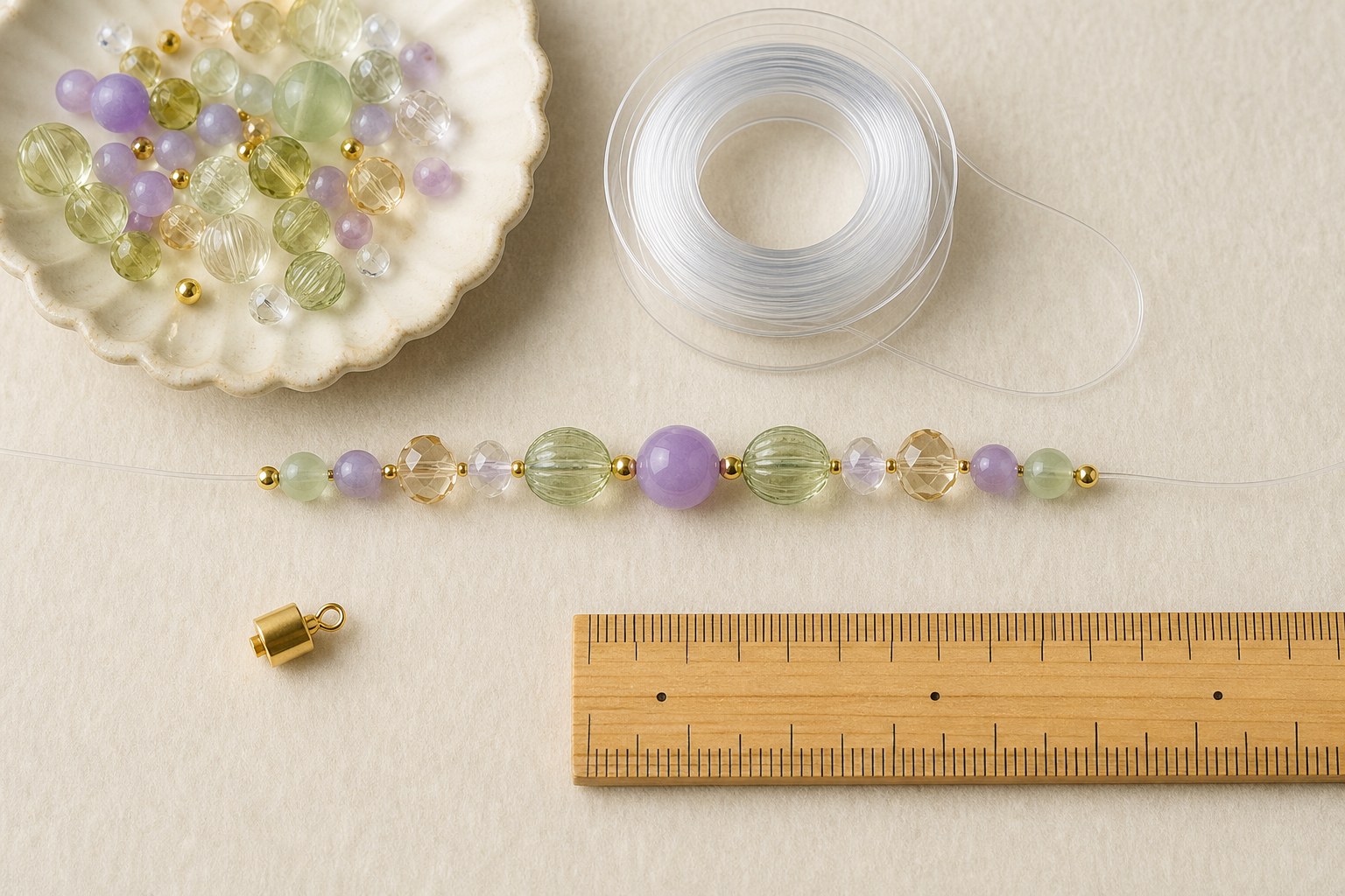 Glass beads, clear elastic cord, a ruler, and a planned bracelet pattern on a warm work surface