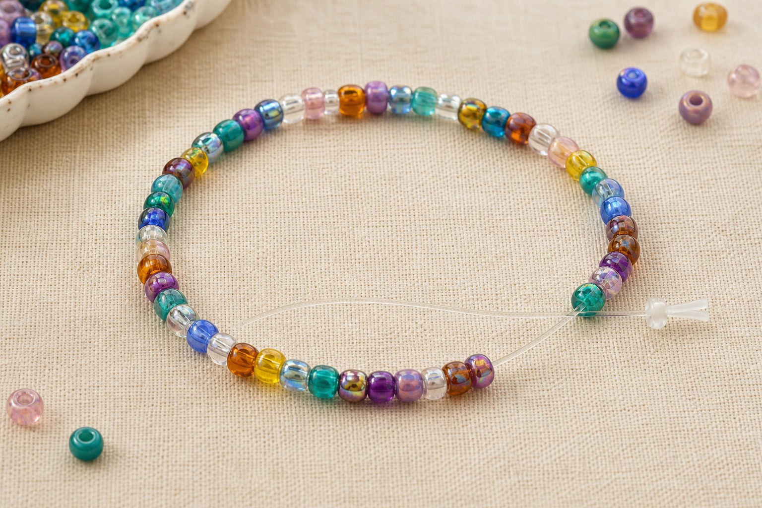 Colorful glass beads partially strung on clear elastic cord with a bead stopper
