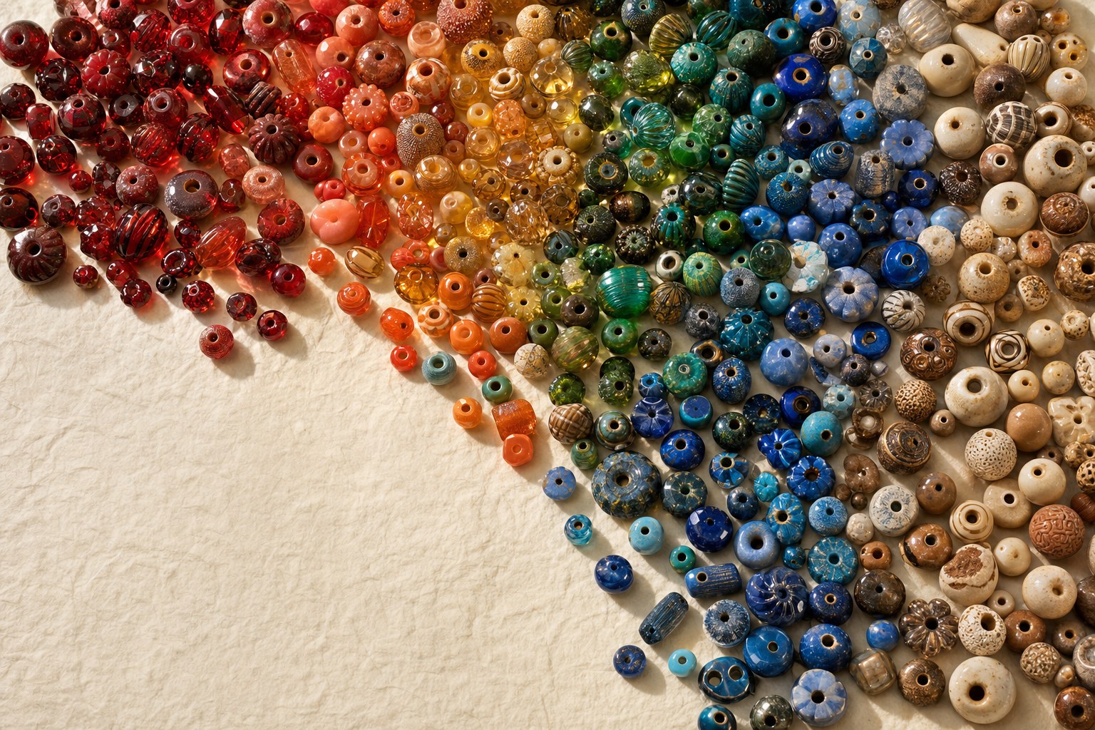 Glass, crystal, and lampwork beads organized by color