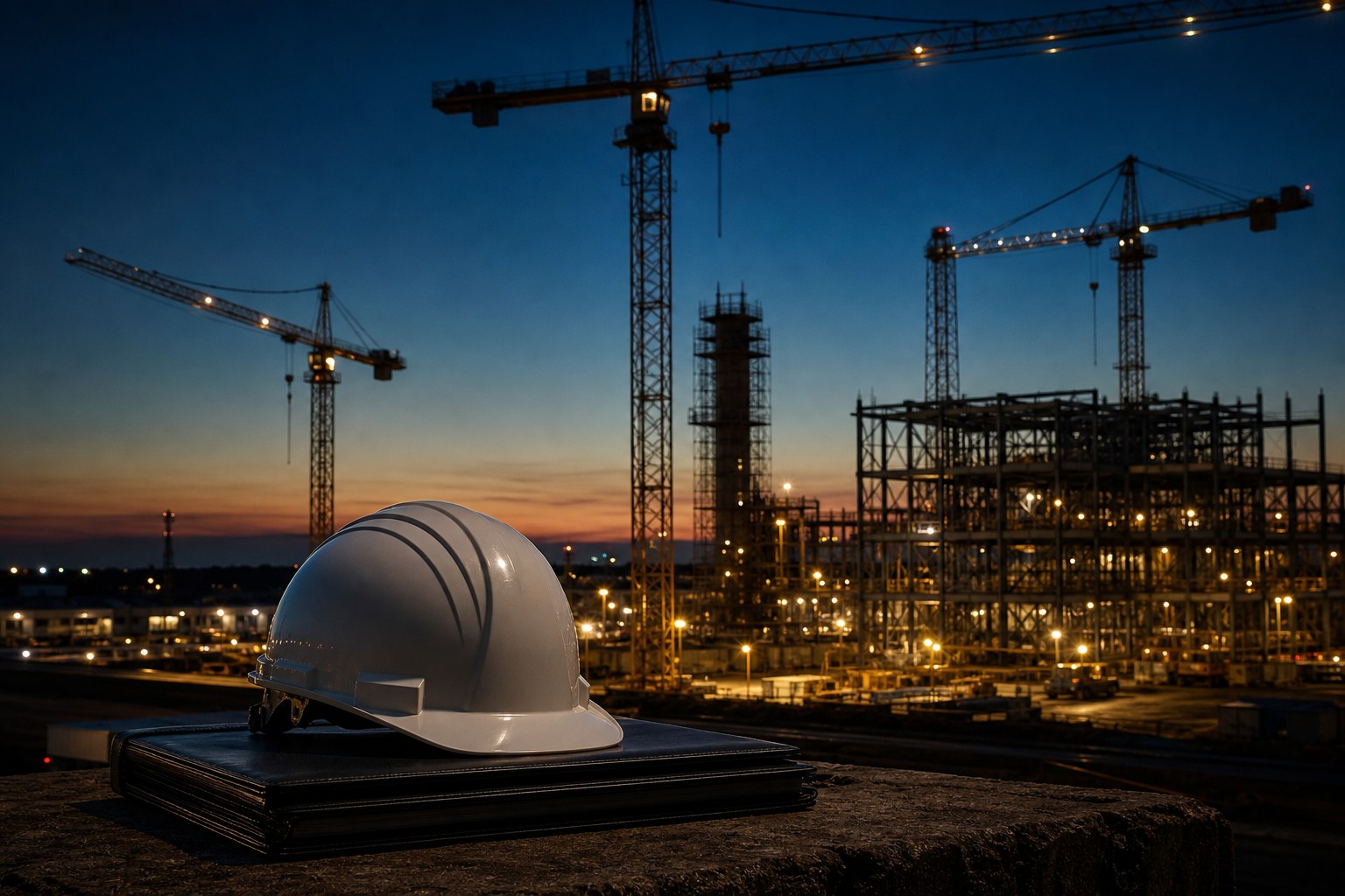 Construction site at dusk with cranes and a hard hat